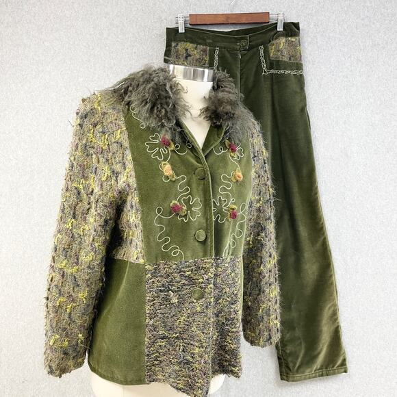 Audrey Elizabeth Velvet Pant Set Womens Medium Patchwork Woodsy Goblincore 70s‎ - Picture 1 of 16